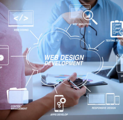 Developing programming and coding technologies with Website design in virtual diagram.Businessmen working together on a document and using smart phone and digital tablet and laptop computer in modern office