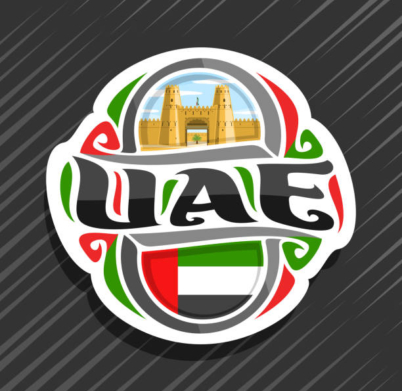 Vector label for UAE country, fridge magnet with state flag of United Arab Emirates, original brush typeface for word uae, national arab symbol - Jahili fort in al ain oasis on cloudy sky background.